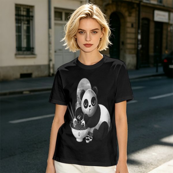 Olive T-Shirt With Panda Eating Ramen Graphic Print