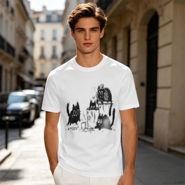 Olive Green T-Shirt With Playful Black Cat Graphic Print