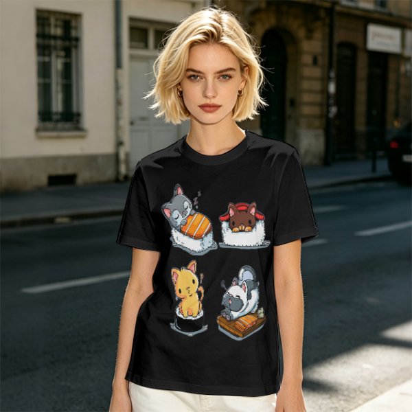 Olive T-shirt with cute cat sushi illustrations