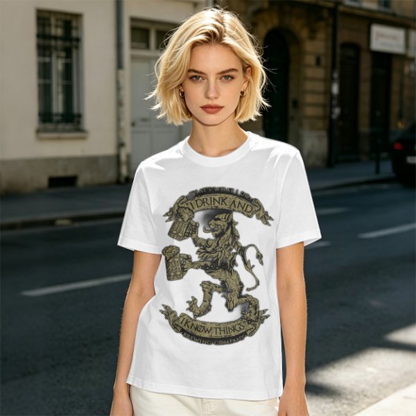 Olive T-shirt with 'I Drink And I Know Things' Lion Beer Graphic