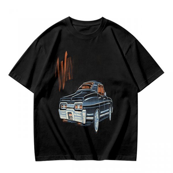 Olive Green Graphic T-Shirt with Classic Dark Car and Orange Text Print