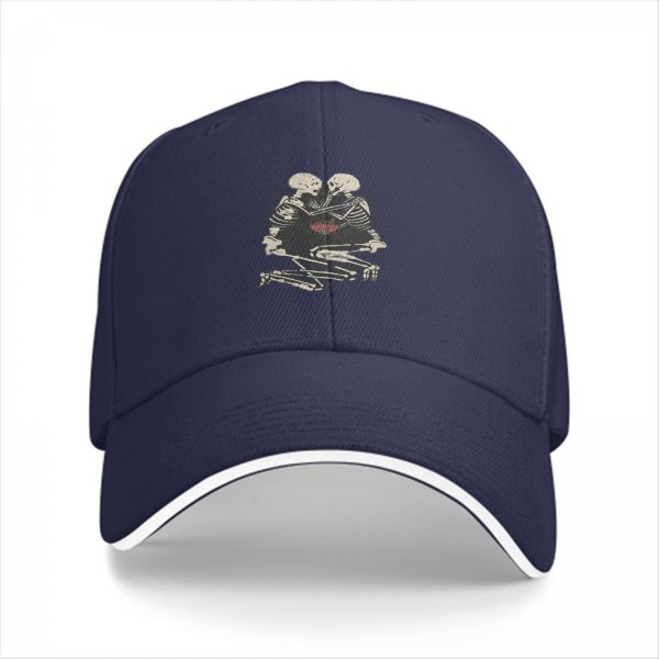 Black baseball cap with embracing skeletons and red heart print
