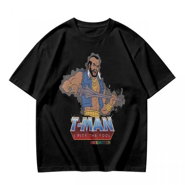 Olive T-shirt with T-Man He-Man parody graphic and 'I Pity The Fool' text