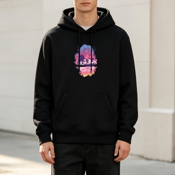 Black hoodie with colorful fantasy creature and traveler silhouette print