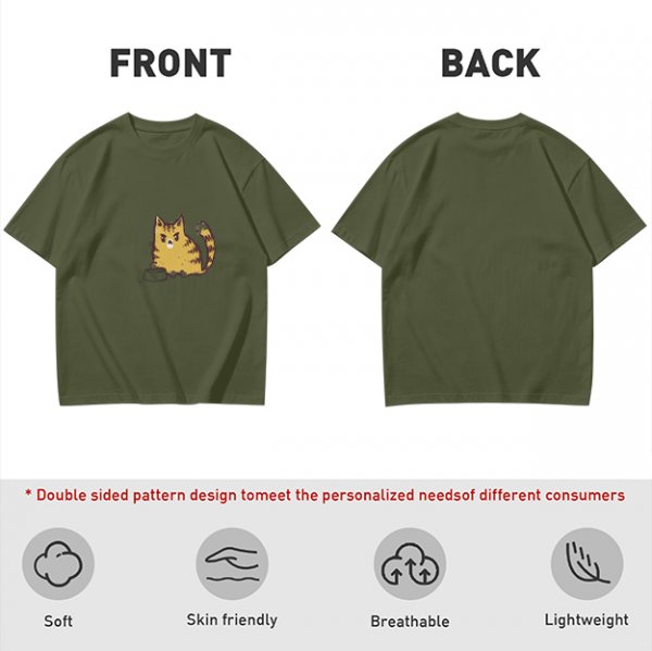 Olive Green T-Shirt With Grumpy Orange Tabby Cat Graphic