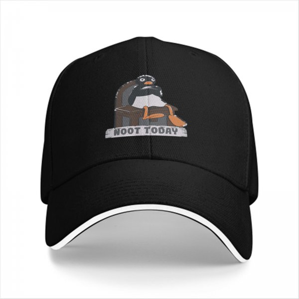 Black baseball cap with a penguin graphic that says Noot Today
