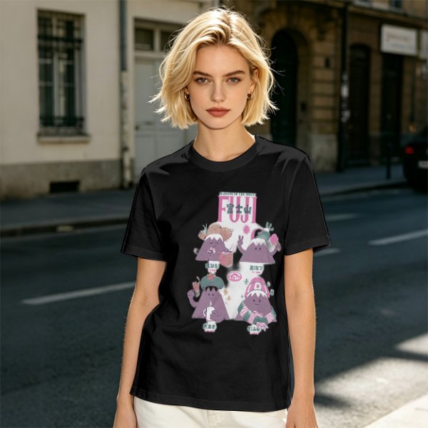 Olive green t-shirt with playful Mount Fuji character graphic print
