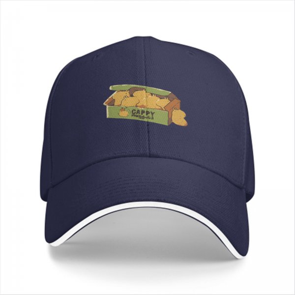 Black baseball cap with capybara snack box graphic