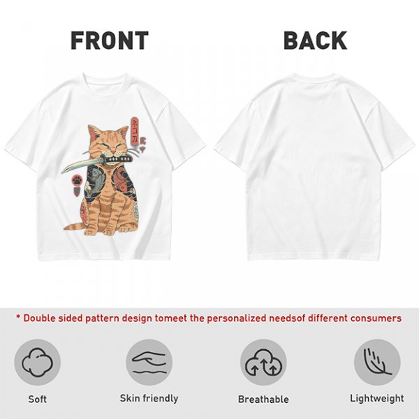 Olive T-Shirt With Samurai Cat Holding Katana And Koi Tattoos