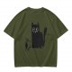 Olive Green T-Shirt With Cute Surprised Black Cat And Bell Print