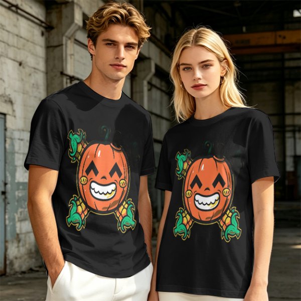 Olive T-Shirt with Smiling Pumpkin Corn Crossbones Graphic