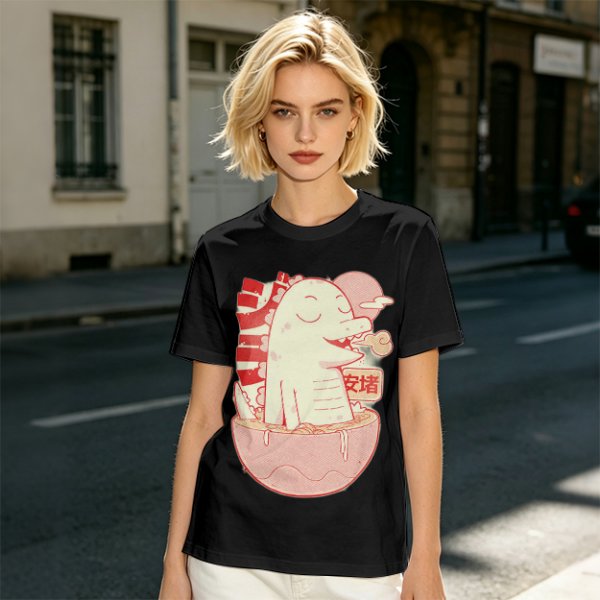 Olive t-shirt with a cartoon dinosaur in a ramen bowl graphic