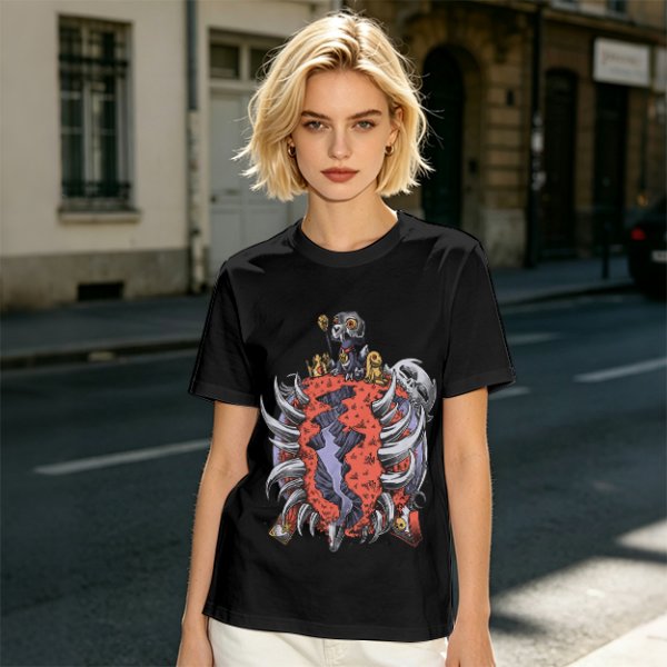 Olive T-Shirt with Dark Fantasy Monster Skeleton Art Print