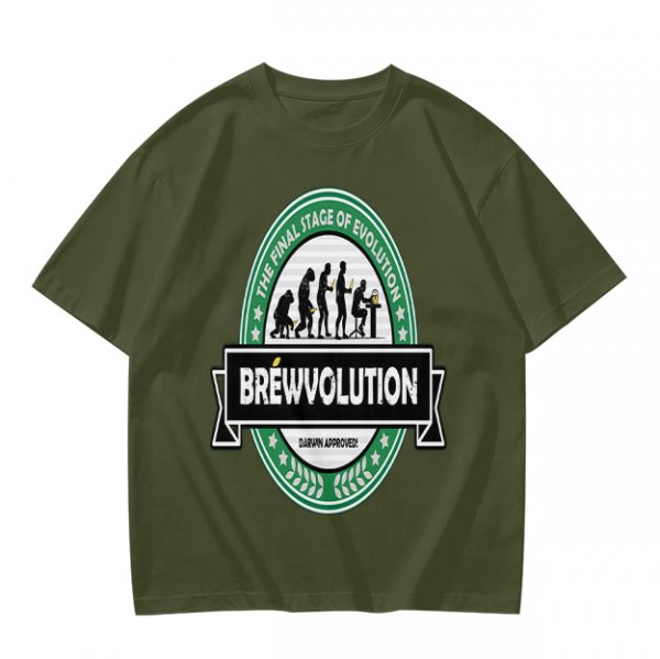 Olive t-shirt with 'Brewvolution' beer evolution graphic design
