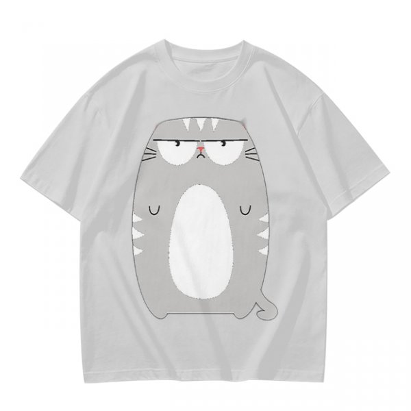 Olive Green T-Shirt With Grumpy Chubby Gray Cat Graphic