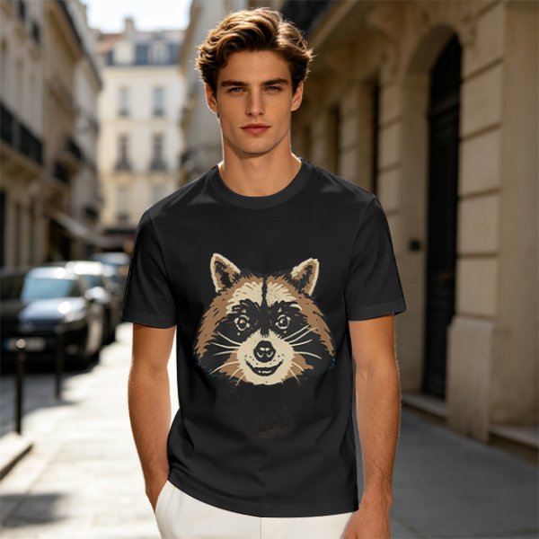 Olive Green T-Shirt With Smiling Raccoon Graphic Print