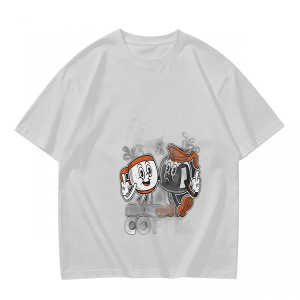 Olive T-Shirt with Retro Cartoon Coffee Cup Characters Graphic