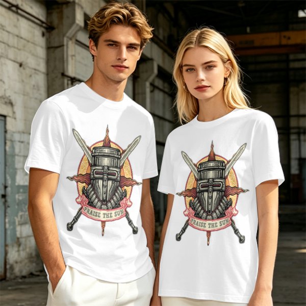 Olive T-Shirt With Praise The Sun Knight Helmet Crossed Swords Artwork