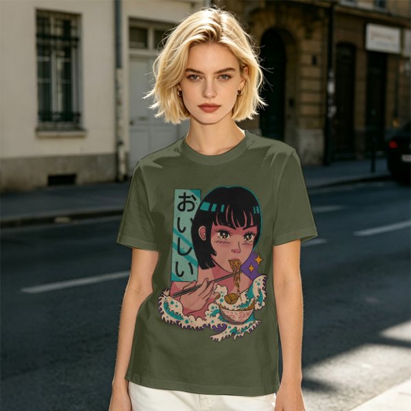 Olive anime graphic t-shirt with girl eating ramen and Japanese text
