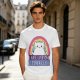 Olive graphic t-shirt with a white cat and 'I hate everyone equally' print