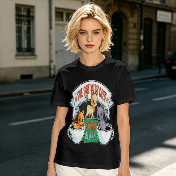 Olive green t-shirt with cat coffee cup graphic and playful text design