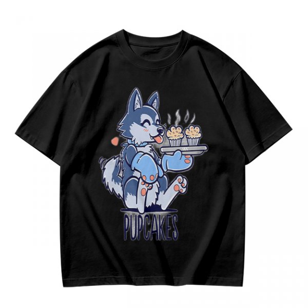 Olive green t-shirt with a husky holding pupcakes graphic