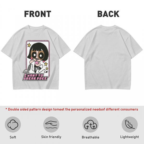 Olive green graphic t-shirt with Powerpuff-style character and 'I Want To Break Free' text