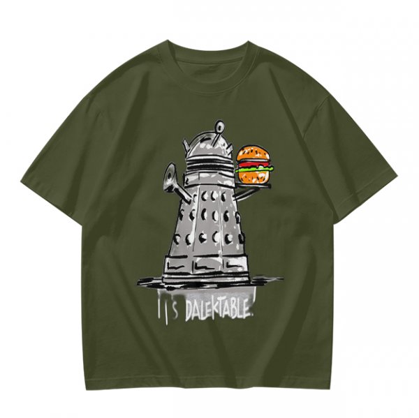 Olive t-shirt with Dalek holding burger and 'It's Dalektable' print