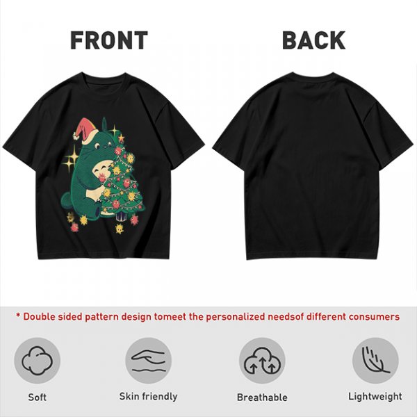 Olive Green T-Shirt With Christmas Totoro Decorating Tree Print