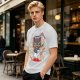 Olive green graphic t-shirt with a cartoon metal cat playing guitar