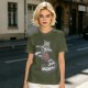 Olive graphic tee with raccoon driving car and 'Way to make bad decisions' text