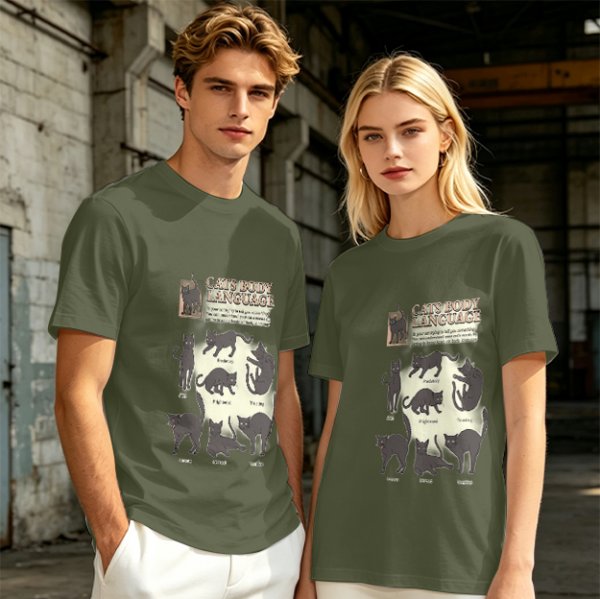 Olive T-Shirt With Cat Body Language Illustrations