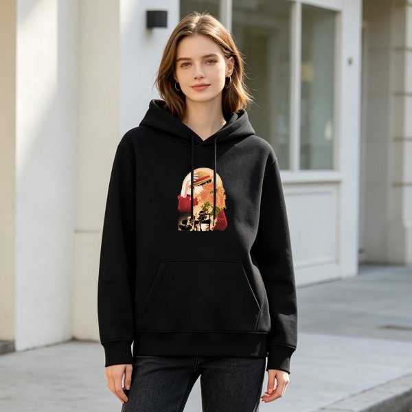 Black hoodie with anime character and floral graphic print