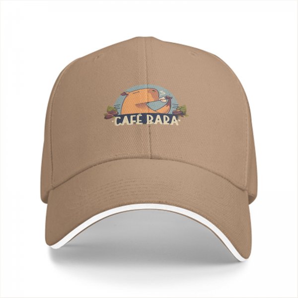 Black baseball cap with capybara drinking coffee 'CAFE BARA' print