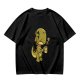 Olive T-shirt with a grumpy cartoon dinosaur holding a coffee mug