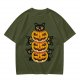 Olive Halloween T-Shirt with Stacked Jack-o'-Lanterns and Black Cats