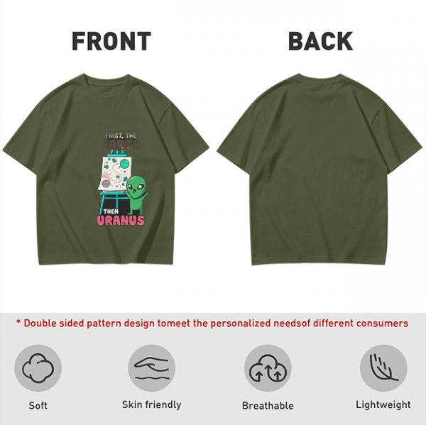 Olive green graphic tee with alien painting 'First the Earth Then Uranus'