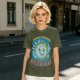 Olive t-shirt with cartoon earth 'friendly reminder' print