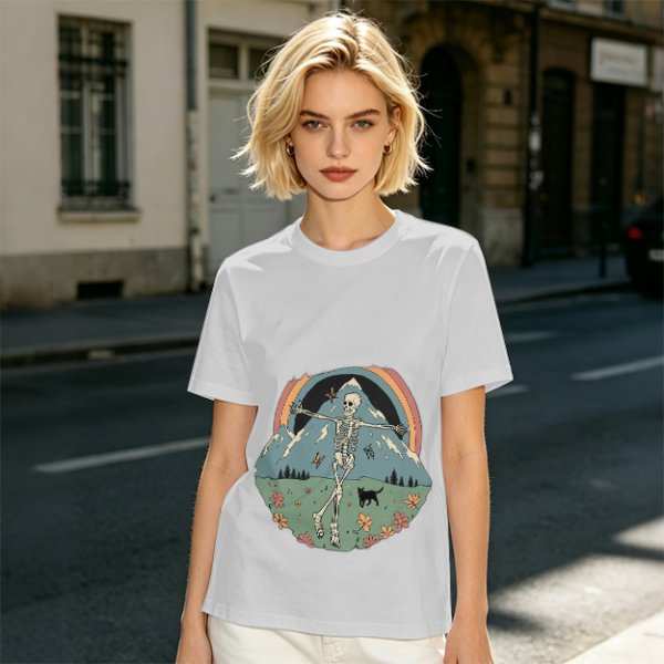 Olive T-shirt with Dancing Skeleton Mountain Rainbow Cat Graphic