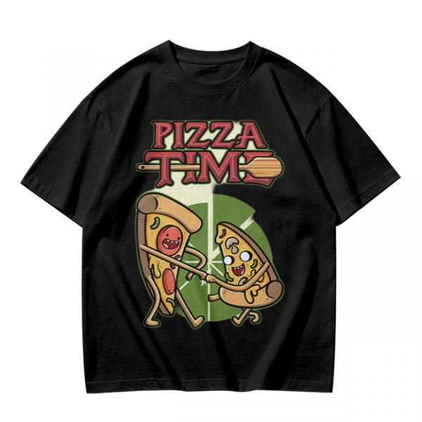 Olive green pizza graphic t-shirt with playful pizza slice characters