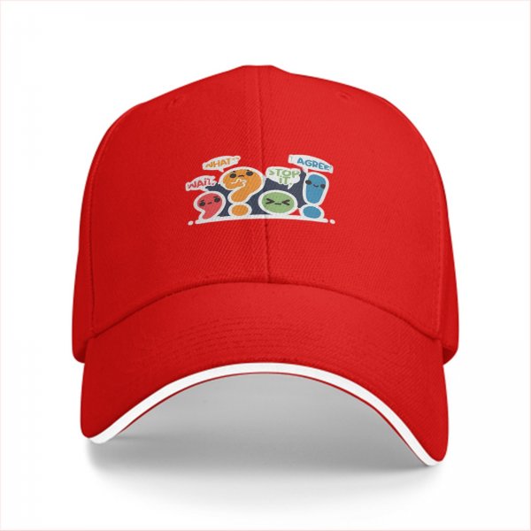 Black baseball cap with cute punctuation characters and speech bubbles