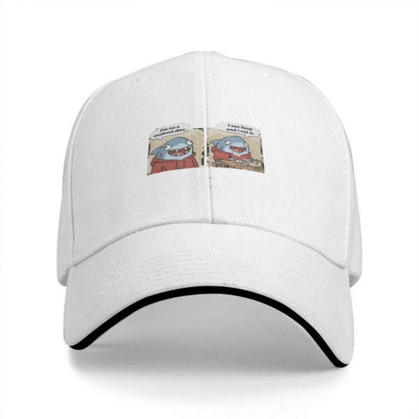 Black baseball cap with funny shark seafood diet meme print