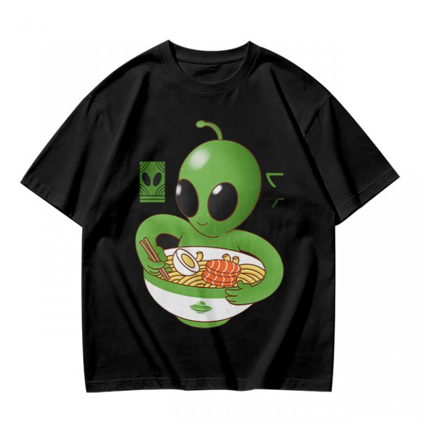 Olive Green T-Shirt With Cute Alien Eating Ramen Graphic