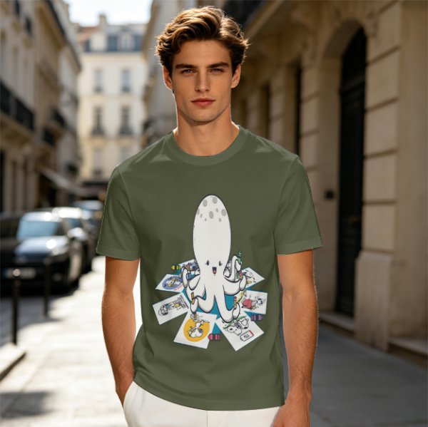 Olive T-Shirt With Cute Octopus Drawing Artwork Print