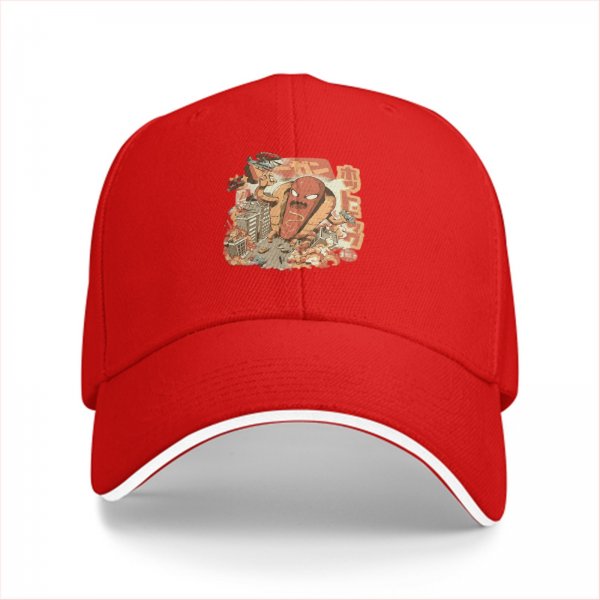 Black baseball cap with giant hot kaiju destroying city graphic