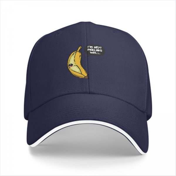 Black baseball cap with sad banana graphic reading I'm not peeling well