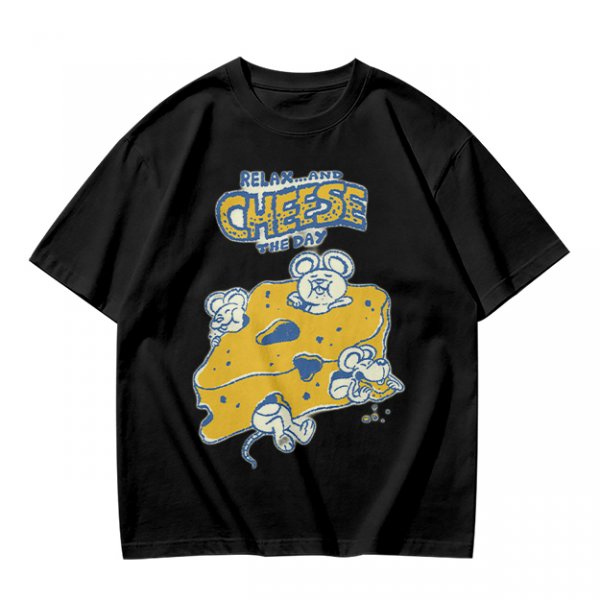 Olive graphic t-shirt with 'Relax and Cheese the Day' and mice on cheese