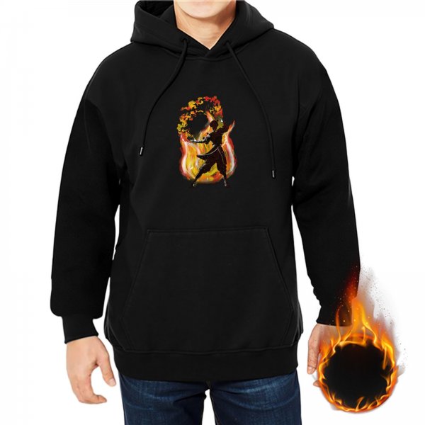 Black hoodie with firebender warrior silhouette graphic
