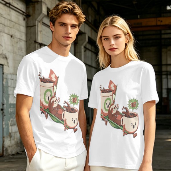 Olive green graphic tee with a sloth relaxing between anthropomorphic coffee mugs