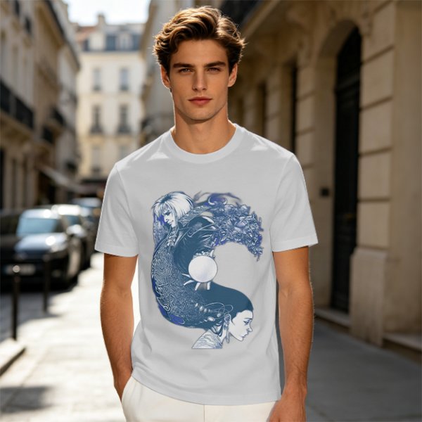 Olive T-Shirt With Two Facing Fantasy Figures And Orb Art Print
